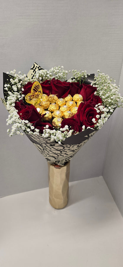 Chocolate Bouquet Of Red Fresh Roses