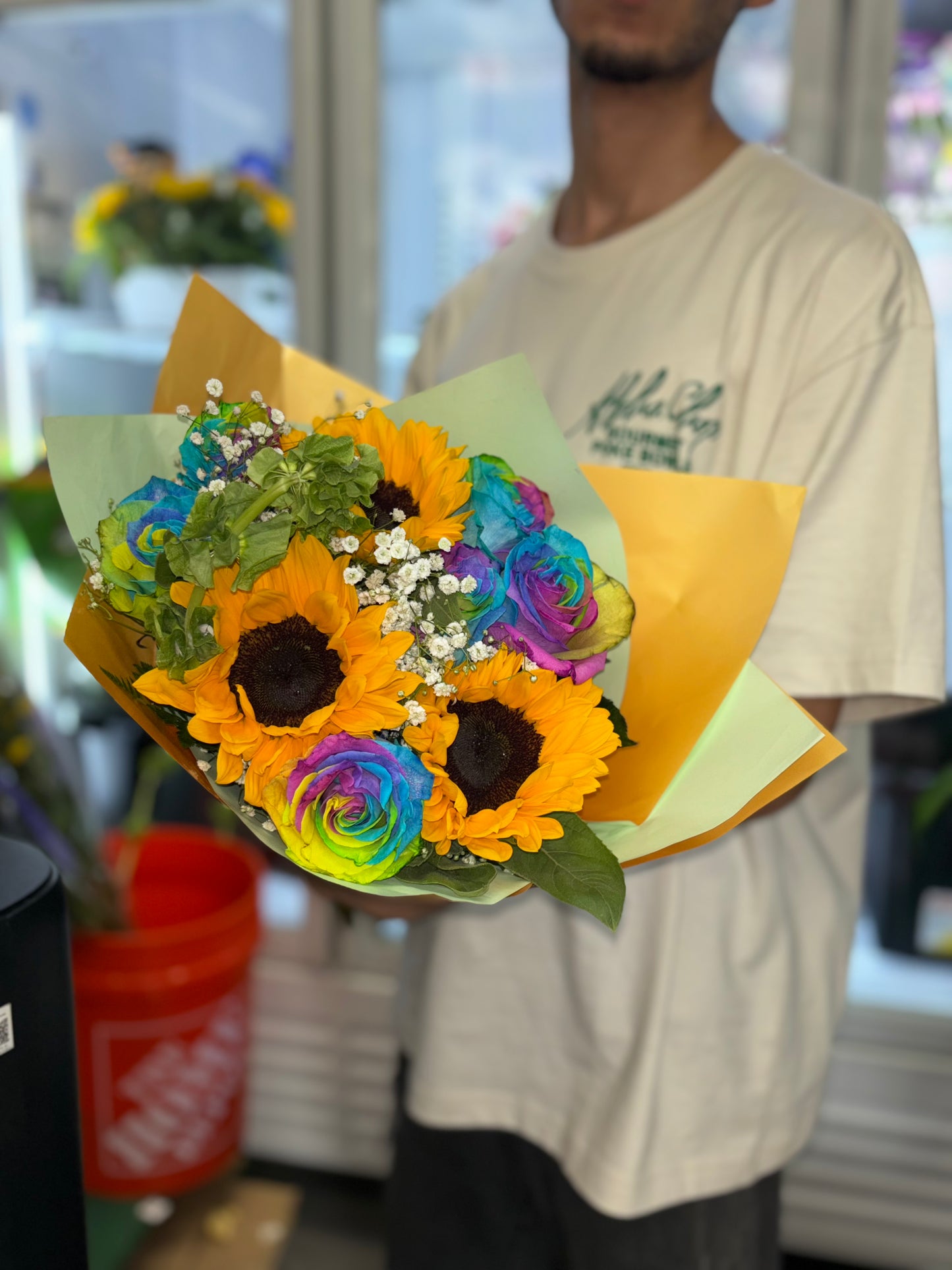 Spicy Fresh Sunflower Bouquet With Roses Rainbow