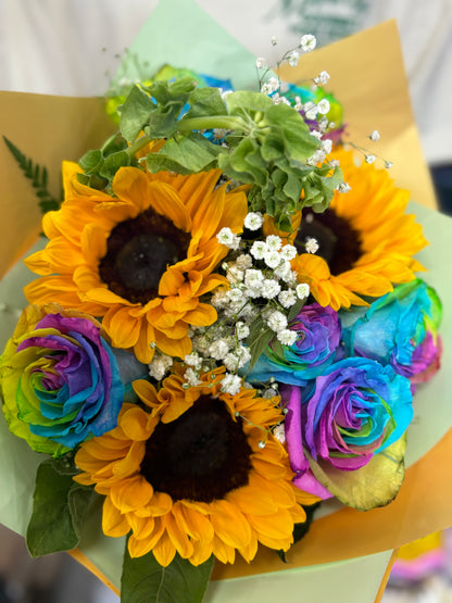 Spicy Fresh Sunflower Bouquet With Roses Rainbow