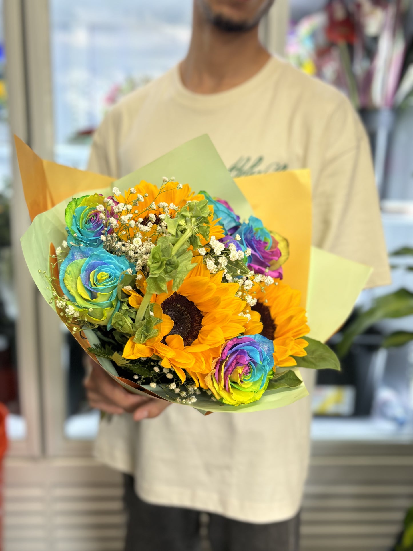 Spicy Fresh Sunflower Bouquet With Roses Rainbow