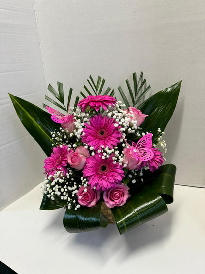 Elegant Aspidistra, Gerbera & Rose Basket