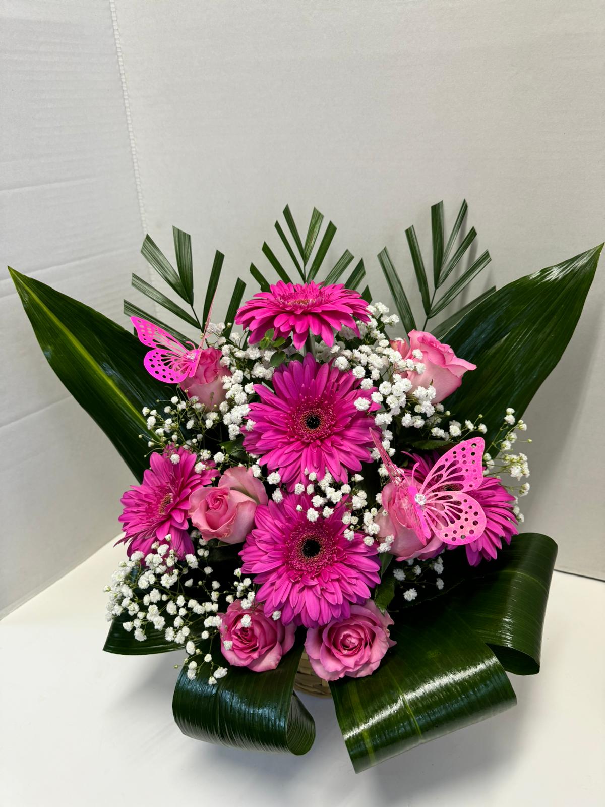 Elegant Aspidistra, Gerbera & Rose Basket