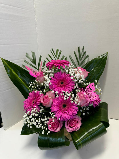 Elegant Aspidistra, Gerbera & Rose Basket