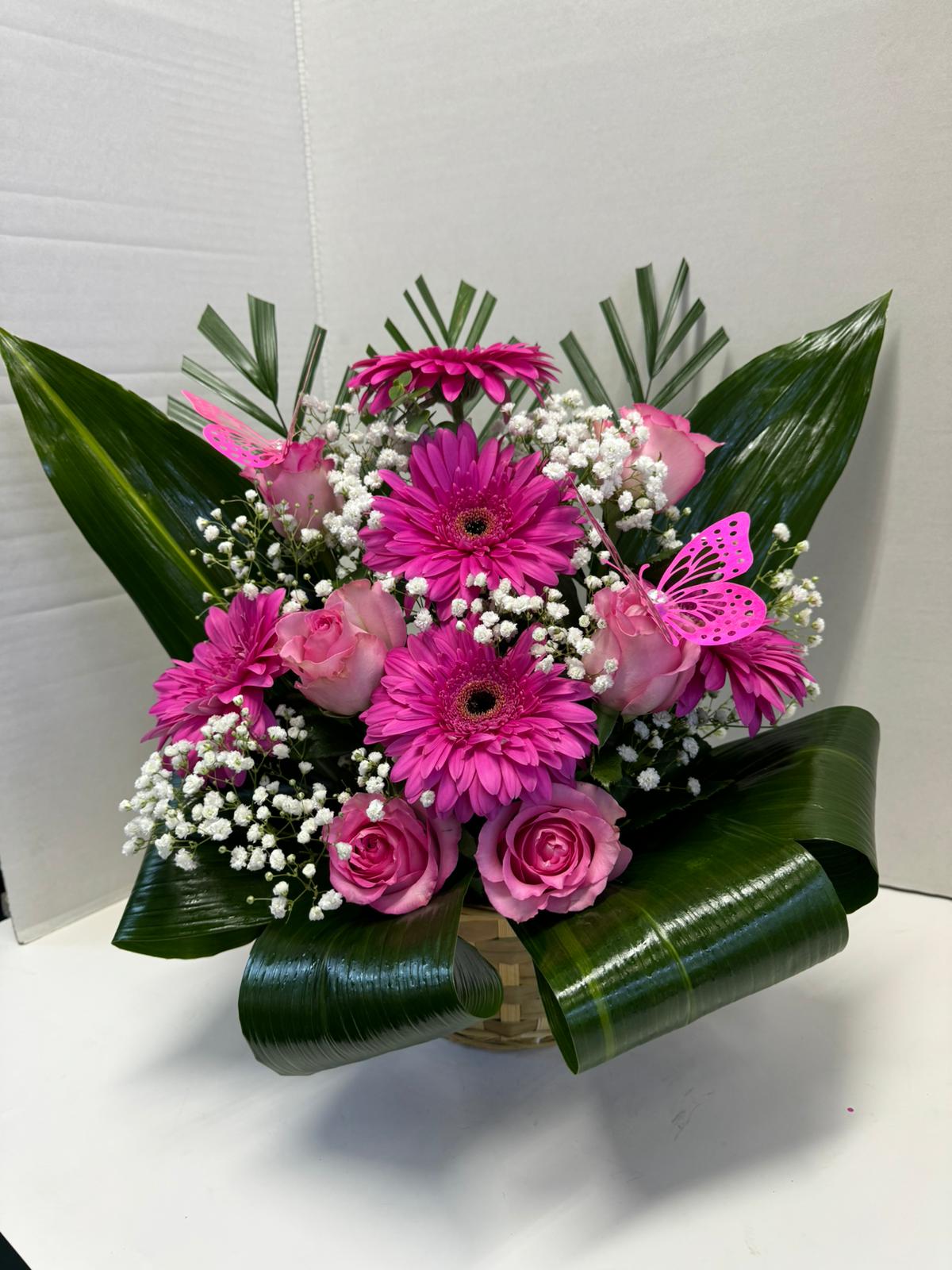 Elegant Aspidistra, Gerbera & Rose Basket