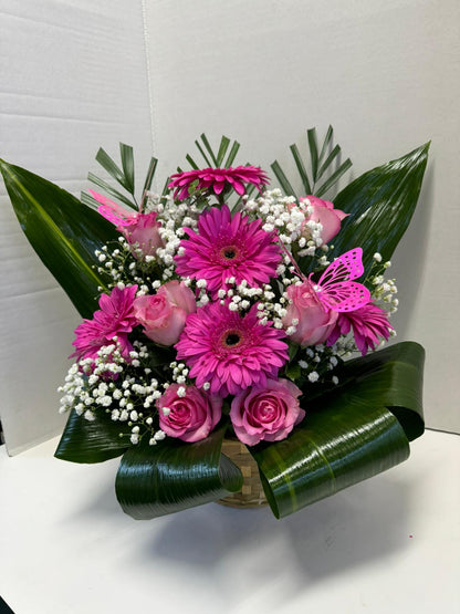 Elegant Aspidistra, Gerbera & Rose Basket