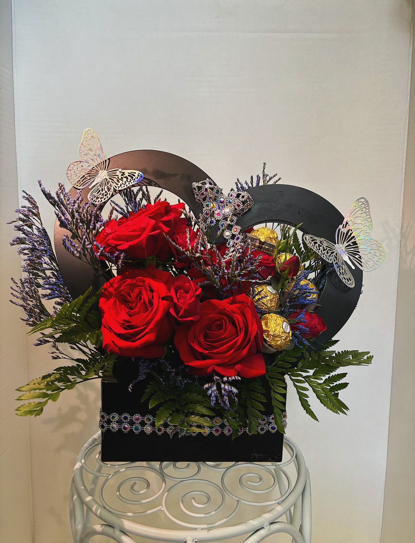 Chocolates And Fresh Roses Floral Arrangement