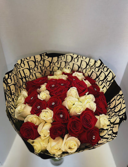 Special Bouquet Of White, Red Fresh Roses