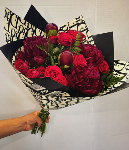 Simply Red Bouquet Of Fresh Roses And Peonies