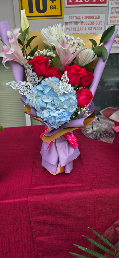 sky blue hydrangeas floral arrangement