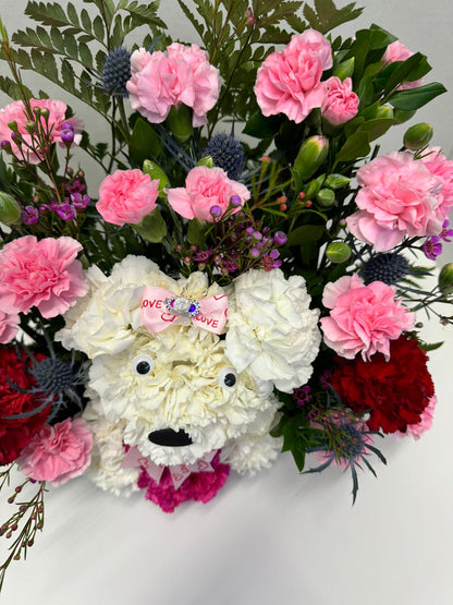 flower dog floral arrangement