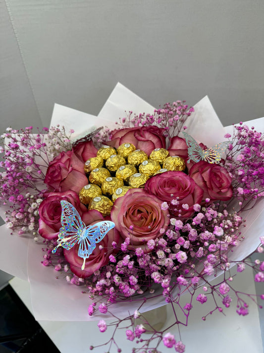 Sweetheart Bouquet Of Pink Roses And Chocolate