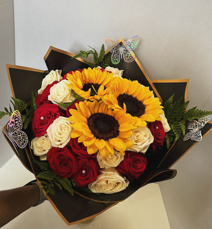 Bouquet Of Fresh Sunflowers And Red, White Roses