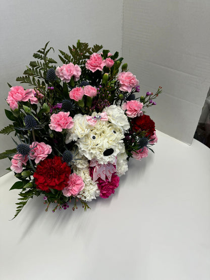 flower dog floral arrangement