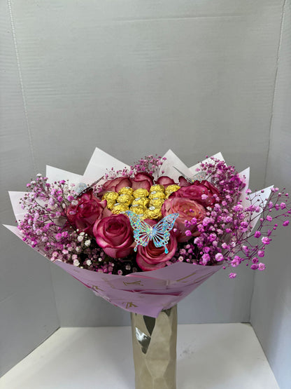 Sweetheart Bouquet Of Pink Roses And Chocolate