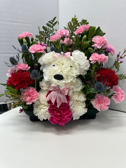 flower dog floral arrangement