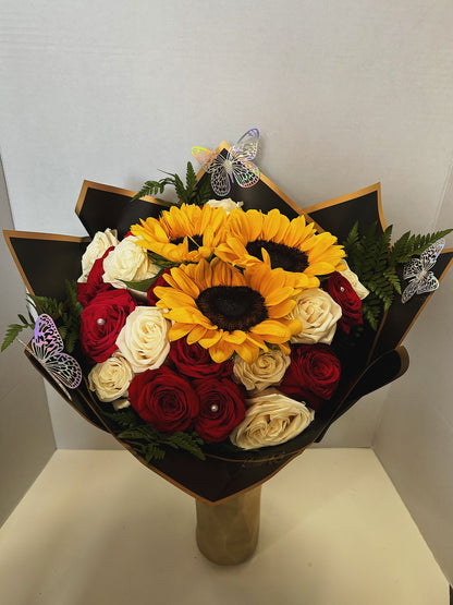 Bouquet Of Fresh Sunflowers And Red, White Roses